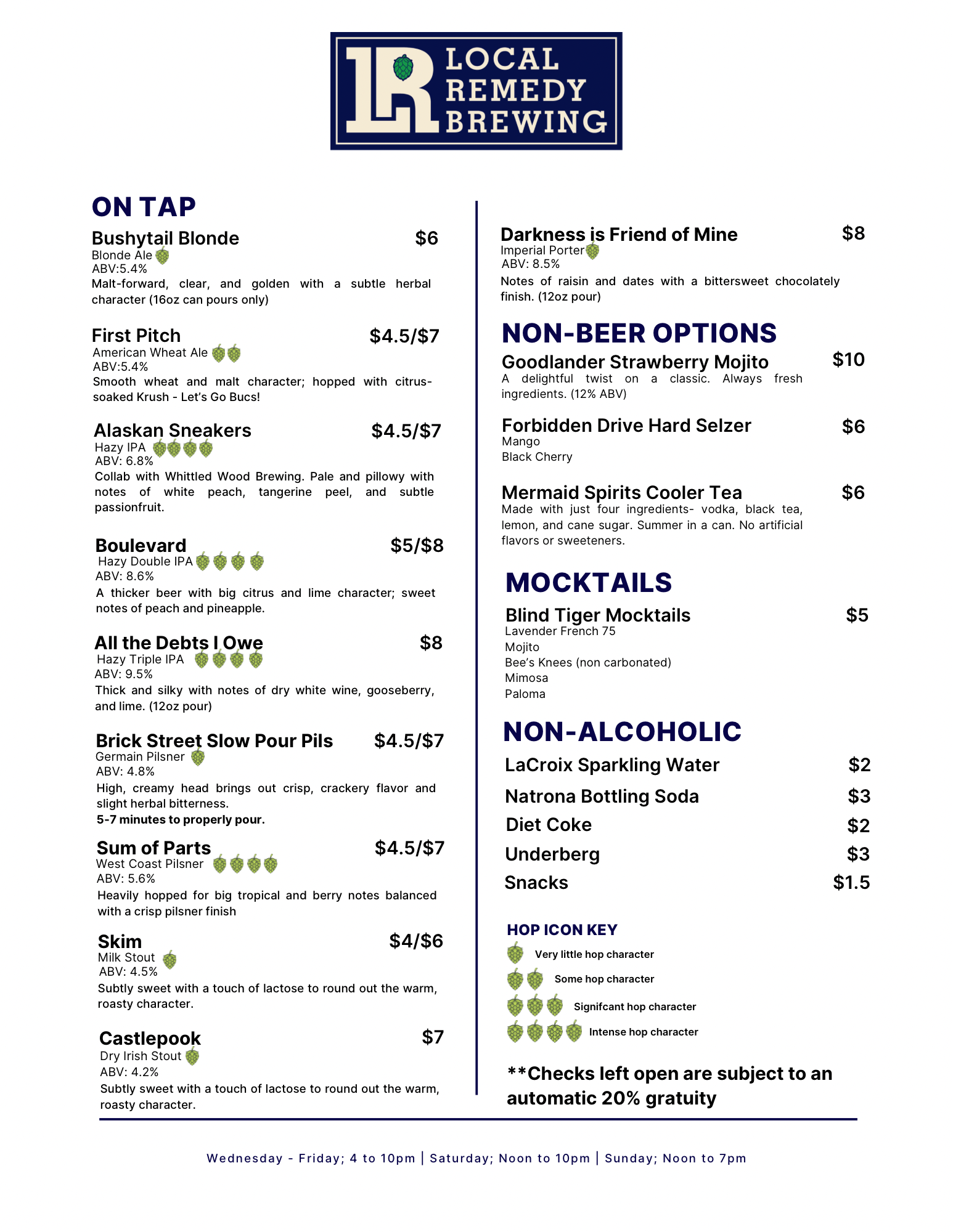 Taproom Menu April 22-26
