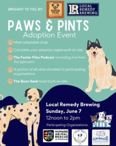 Paws & Pints Adoption Event: Sun., June 7, Noon to 2pm.