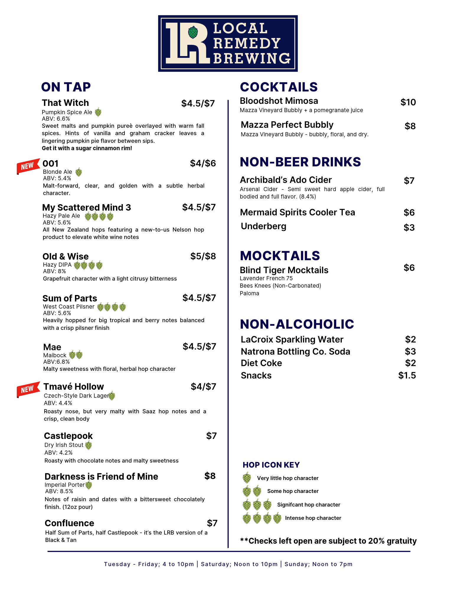 Taproom Menu October 20-25